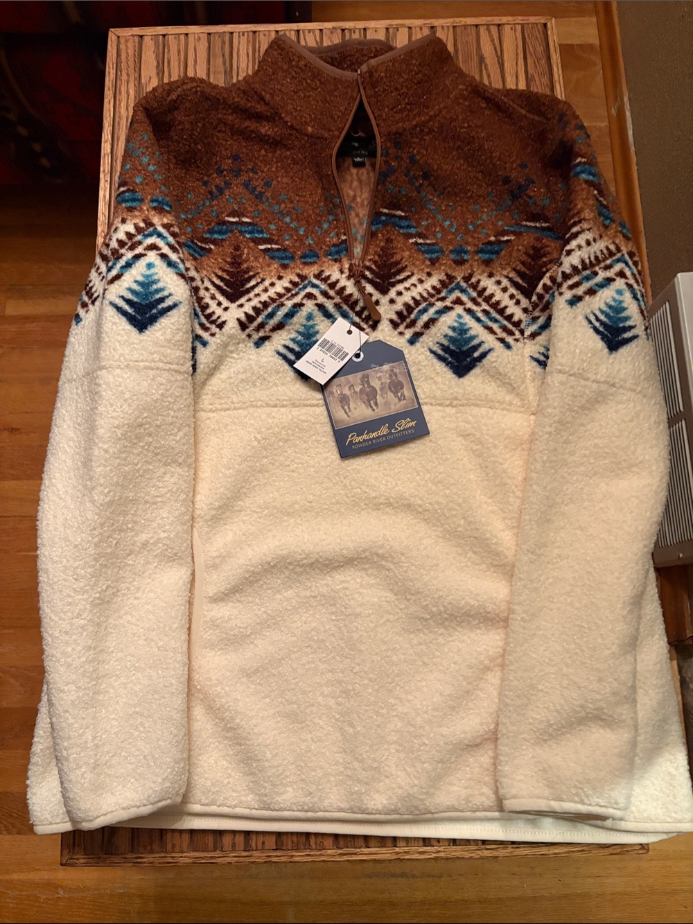 Panhandle Slim Cream & Brown Zip-Up Fleece Sweater with Blue Accents